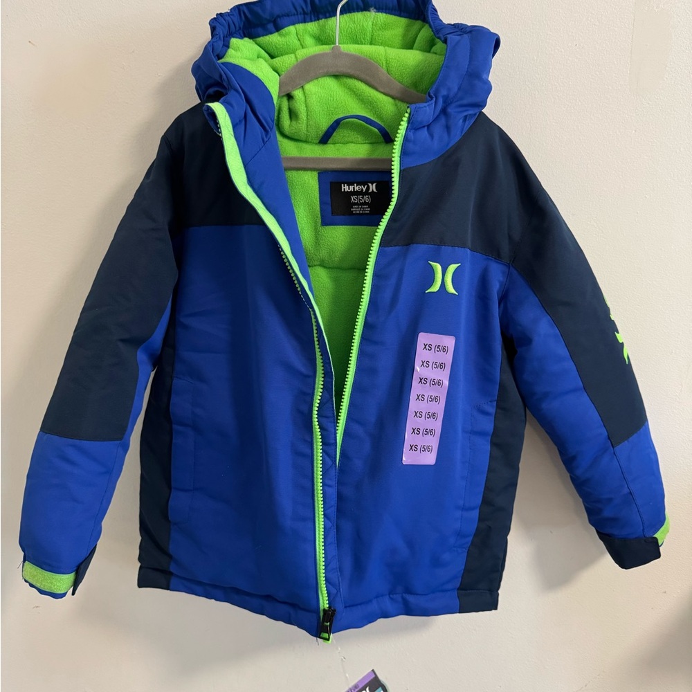 Hurley water resistant snow youth jacket Blue and Neon White Green 5/6T